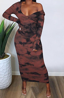 Euramerican Women's Sexy Ribber V Collar Tie Dye Long Dress ED1102