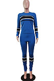 Simple Casual Knitting Stripe Spliced Long Sleeve Round Neck Tops Pencil Pants Fashion Suit WY6869 