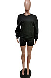 Casual Simple Pure Color Puff Sleeve Round Neck Loose Tops Shorts Two-Piece F88409