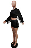 Fashion Cotton Blend Tassel Spliced Long Sleeve Crop Hoodie Shorts Solid Color Casual Suit F88408