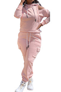 Euramerican Women's Sport Long Sleeve Hoodie Off Shoulder Autumn Winter Pants Sets AL189