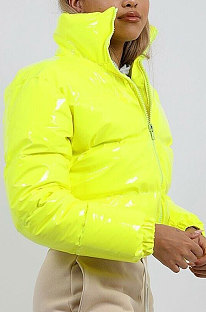 Plain High Neck Bubble Jacket in Yellow