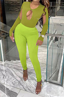Fashion Sexy Hollow Out Contrast Color Long Sleeve Bodycon Pants Sets FFE205