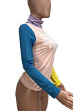Euramerican Women's Printing Spliced High Collar Long Sleeve T Shirts R6126