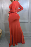 Euramerican Women Fashion V Collar Shirred Detail Sexy Hip High Split Solid Color Bandage Long Dress DY6937
