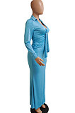Euramerican Women Fashion V Collar Shirred Detail Sexy Hip High Split Solid Color Bandage Long Dress DY6937