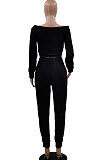 A Word Shoulder Autumn Winter Knotted Pullover Pure Color Pants Sets GB8038
