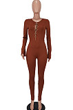 Women's Sexy Pure Color Chain Mid Waist Bodycon Jumpsuits ED8551