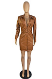 New Luxe Stretch Leather Long Sleeve Lapel Neck Single-Breasted Front Ruffle Dress ZMM9142