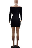 Autumn Winter A Word Shoulder Solid Color Dew Waist Hollow Out Sexy Tight Mini Dress GB8039