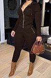 Euramerican Women's Trendy Casual Solid Color Thick Zipper Pants Sets ED8553