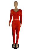 Euramerican New Women's Long Sleeve Front Zipper Ruffle Tops Skinny Pants Solid Color Suit ZMM9138