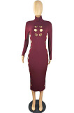 Sexy Fashion New Ribber Long Sleeve High Neck Hollow Out Slim Fitting Dress ZMM9141
