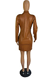 New Luxe Stretch Leather Long Sleeve Lapel Neck Single-Breasted Front Ruffle Dress ZMM9142