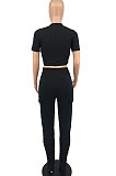 Fashion Bodycon Cotton Blend T Shirt Solid Color High Waist Split Pants Sets NXH5050