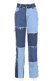 Color Block Spliced High Waist Pencil Long Jeans Pants HB4612