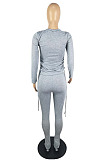 Modest Simple Cotton Blend Long Sleeve Round Neck Drawstring Tops Skinny Pants Solid Color Suit ZMM9144