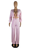 Sexy Nigh Club Pure Color Long Sleeve Low-Cut Hollow Out Wide Leg Jumpsuits ZMM9145