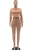 Euramerican Women's Fashion Dew Waist Plaid Digital Printing Zipper Bodycon Pants Sets AYQ08027