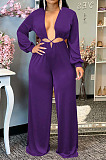 Sexy Nigh Club Pure Color Long Sleeve Low-Cut Hollow Out Wide Leg Jumpsuits ZMM9145