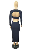 Sexy New Ribber Long Sleeve Round Neck Hollow Out Strapless Backless Slim Fitting Dress ZMM9146