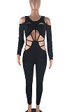 Sexy Night Club Long Sleeve Bandage Hollow Out Solid Color Bodycon Jumpsuits DN8046