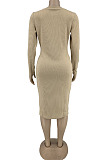Fashion Elegant Ribber Long Sleeve Single-Breasted Slim Fitting Dress DN8651