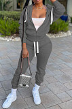 Euramerican Women Pure Color Cardigan Hoodie Zipper Sport Pants Sets ED1104