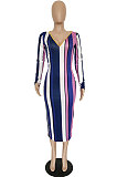 Fashion Sext Cotton Blend Stripe Long Sleeve V Neck Slim Fitting Dress RMH8700