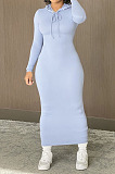 Casual Simple Pure Color High Elastic Cotton Blend Hooded Dress BN9314