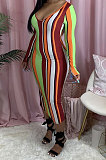 Fashion Sext Cotton Blend Stripe Long Sleeve V Neck Slim Fitting Dress RMH8700