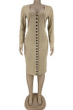 Fashion Elegant Ribber Long Sleeve Single-Breasted Slim Fitting Dress DN8651