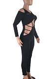 Sexy Night Club Long Sleeve Bandage Hollow Out Solid Color Bodycon Jumpsuits DN8046