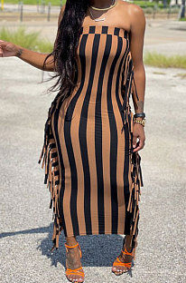 Sexy Nigh Club Stripe Printed Sides Tassel Slim Fitting Strapless Dress RMH8950