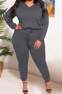 Women Pure Color Hoodie Pocket Plus Pants Sets FA7256