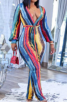 Autumn Winter New Design Printed Long Sleeve V Neck With Belt Bodycon Jumpsuits RMH8949