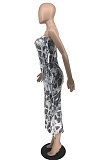 Sexy Fashion Printed Straless Sides Tassel Slim Fitting Dress RMH8951