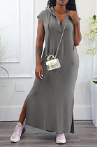 Wholesale Casual Backless Hollow Out Sleeveless Solid Color Hooded Slit Dress RMH8947
