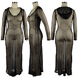 Euramerican Hollow Out Perspectivity Mesh Spaghetti Solid Color Long Dress QQM4230