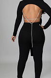 Sexy Cotton Blend Pure Color Long Sleeve Backless Irregularity Tops Skinny Pants Suit HG153