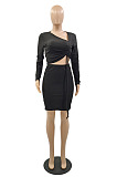 New Cotton Blend Long Sleeve Drawstring Iuuegularity Tops Mini Skirts Suit YMM9093