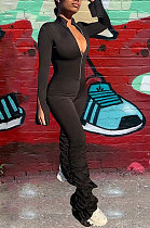 Euramerican Women Stand Collar Pure Color Zipper Ruffle Bodycon Jumpsuits ED1106