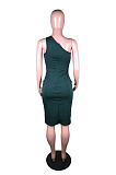 Sexy Women Mesh Spliced Oblique Shoulder Zipper Collect Waist Dress BS1302