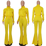 Women Casual Solid Color Cardigan Zipper Collect Waist Sport Pants Sets ED8555