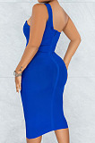 Sexy Women Mesh Spliced Oblique Shoulder Zipper Collect Waist Dress BS1302