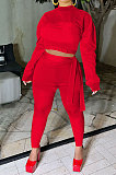 Euramerican Women Fashion Casual Solid Color Dew Waist Pants Sets ED1108