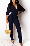 Wholesale Fashion Long Sleeve Lapel Neck Single-Breasted With Belt Cardigan Jumpsuits BN1300
