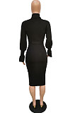 Fashion New Ribber Spliced Velvet With Belt Collect Waist Plain Dress BBN221