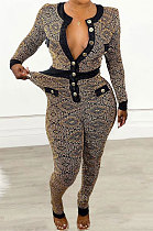 Euramerican Women Trendy Button Cardigan Printing Bodycon Jumpsuits LD82007