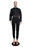 Fashion Casual Long Sleeve Dew Waist Zipper Cardigan Tops Jogger Pants Solid Color Suit WY6866
